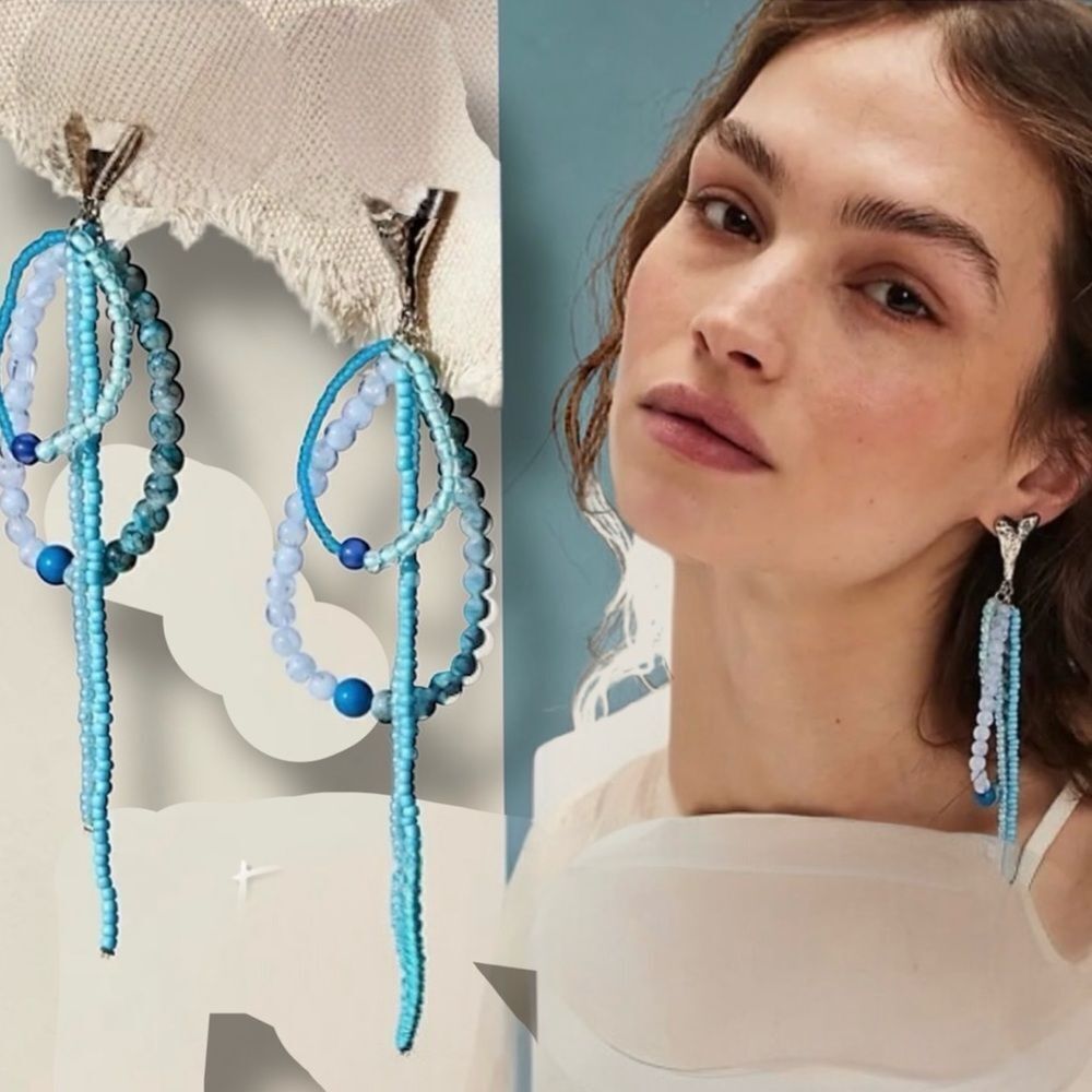 Free People Reese Dangle Bead Earrings Silver Heart Turqoise Beach Romance BoHo